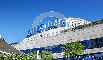 Samsung logo at SM Aura Premier building, Shopping mall in Taguig, Philippines Editorial Stock Photo