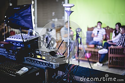 A makeshift audio mixer setup for an amateur live stream. Editorial Stock Photo