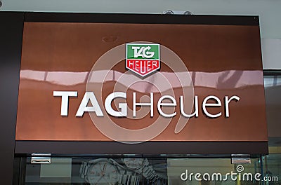 Manila, Philippines - 26 June, 2016: Logo of famous watch brand Tag Heuer in Mall of Asia, Manila, Philippines. Editorial Stock Photo
