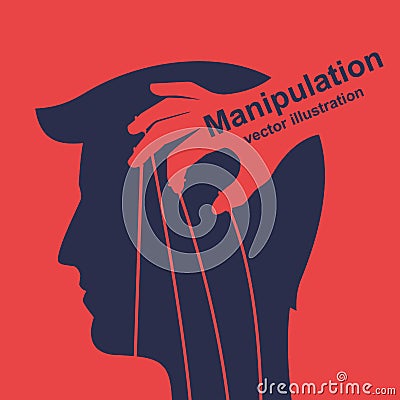 Manipulation concept. Black silhouette heads icon. Worker on ropes. Vector Illustration