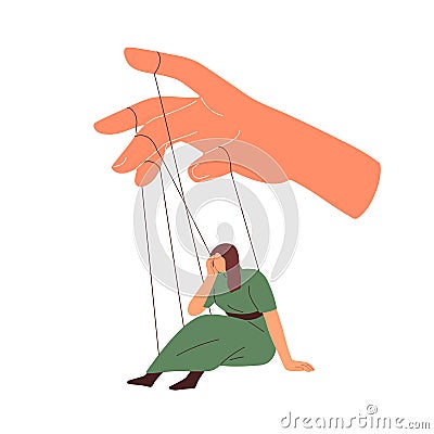 Manipulation, control, domination concept. Master manipulates, dominates obedient woman marionette. Person attached to Vector Illustration