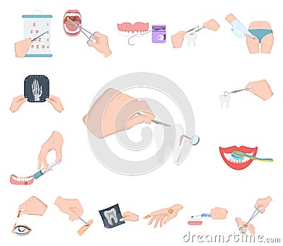 Manipulation by hands cartoon icons in set collection for design. Hand movement in medicine vector symbol stock web Vector Illustration