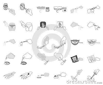 Manipulation by hands monochrome,outline icons in set collection for design. Hand movement in medicine vector symbol Vector Illustration