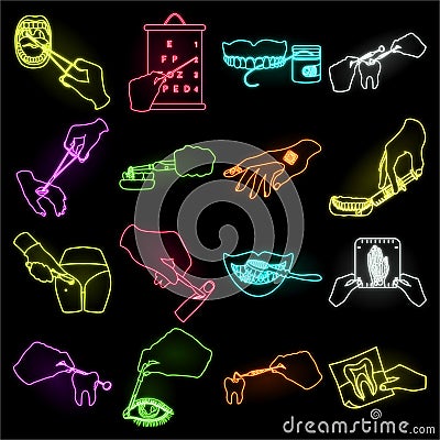 Manipulation by hands neon icons in set collection for design. Hand movement in medicine vector symbol stock web Vector Illustration