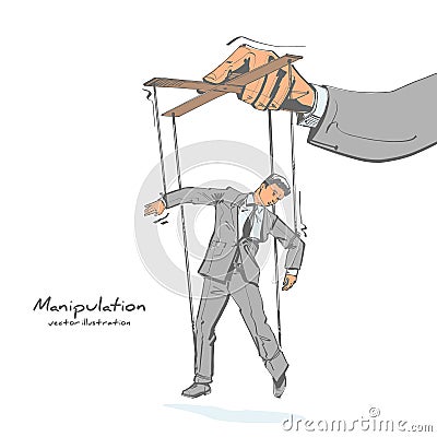 Manipulation sketch drawing. Worker on ropes Vector Illustration