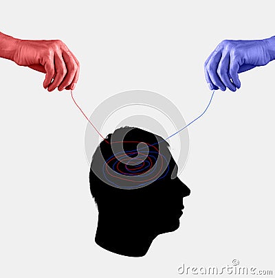 Manipulation from two sides, propaganda. Confusion, doubts, contradictions, analysis in person mind. Red and blue hands Stock Photo