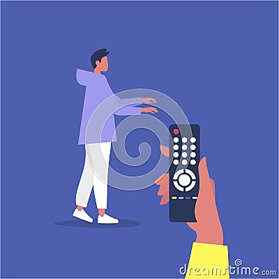 Manipulative relationships, young male character being manipulated by a remote control Stock Photo