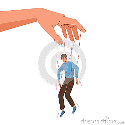 Manipulator concept vector illustration. Puppet master hand manipulate man via ropes. Control domination exploitation Vector Illustration