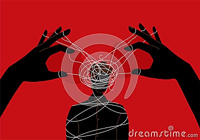 Manipulator concept vector illustration. Puppet master hands manipulate man mind, silhouette. Domination exploitation Cartoon Illustration