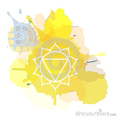 Manipura chakra Meditation aura and fifth of the seven chakras symbol icon watercolor doodle Vector Illustration
