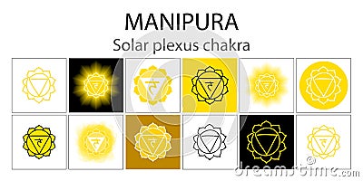 Manipura icon set. The third sun chakra. Vector yellow gloss and shine. One line symbol. Outline sacral sign collection. Vector Illustration