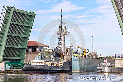 Manitowoc,WI,USA August 31, 2019 : the ship sails under a raised drawbridge Editorial Stock Photo