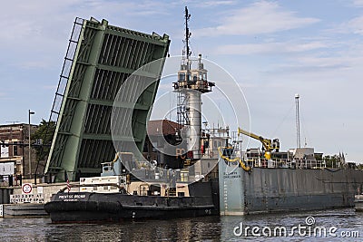 Manitowoc,WI,USA August 31, 2019 : the ship sails under a raised drawbridge Editorial Stock Photo