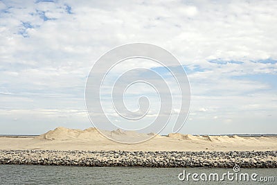 Manmade archipelago in development located in the Markermeer, the first sign of the Marker Wadden is a long finger of sand dunes Stock Photo