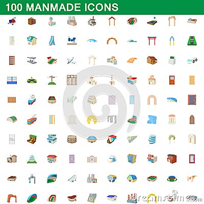 100 manmade icons set, cartoon style Vector Illustration