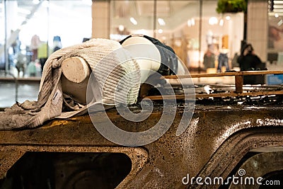 Mannequin on burned police vehicle in downtown Seattle during riots on May 30, 2020 Editorial Stock Photo