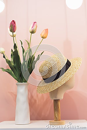Mannequin head in straw hat Stock Photo