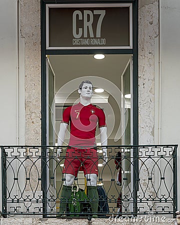 Mannequin of Portuguese professional footballer Christiano Ronoldo on a store window balcony in Lisbon. Editorial Stock Photo