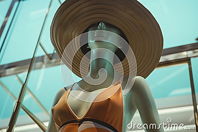 mannequin in a retrostyled swimsuit with a widebrim hat Stock Photo