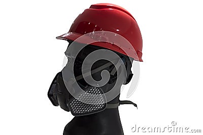 a mannequin with Safety helmets and gas filter mask; white background; Working Hard Hat;Personel Protection Equipment PPE Stock Photo