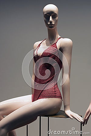 Delicate red lingerie on the showcase Stock Photo