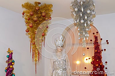 Mannequin the snow Queen and Christmas tree Stock Photo