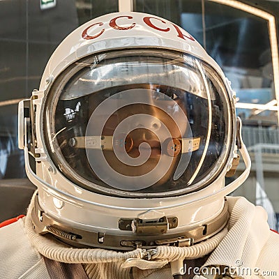 Mannequin of soviet cosmonaut or astronaut or spaceman suit and helmet, close up Editorial Stock Photo