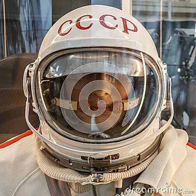 Mannequin of soviet cosmonaut or astronaut or spaceman suit and helmet, close up Editorial Stock Photo