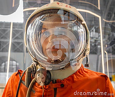 Mannequin of soviet cosmonaut or astronaut or spaceman suit and helmet, close up Editorial Stock Photo