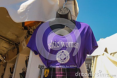 Mannequin with teeshirt that says celtic woman A Goddess With An Attitude at Scottish Games in Tulsa Oklahoma USA 9 17 2016 Editorial Stock Photo