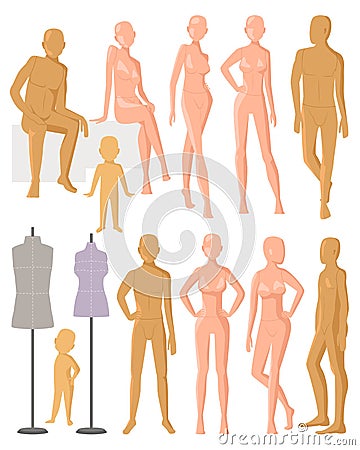 Mannequin vector dummy model for fashion dress and plastic figure of doll illustration set of female male and kids Vector Illustration