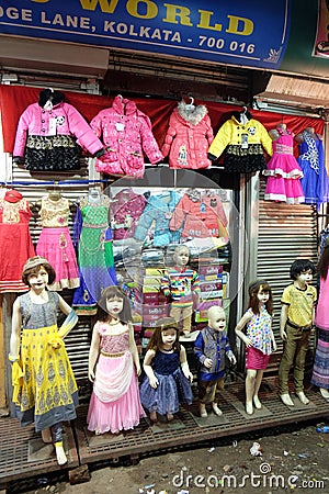 Mannequins dressed in latest Indian dresses in front of a retail cloth shop in Kolkata Editorial Stock Photo