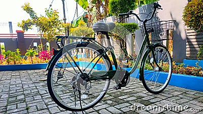 Manokwari, January 26 2023, a green Onthel bicycle parked in the yard Editorial Stock Photo