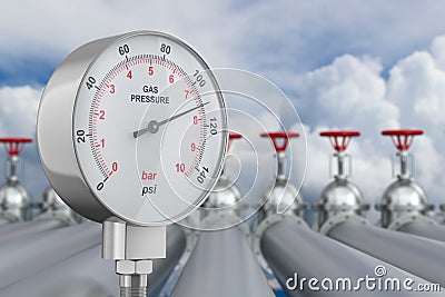 Manometer and row pipelines. Transit resources. 3D illustration Cartoon Illustration
