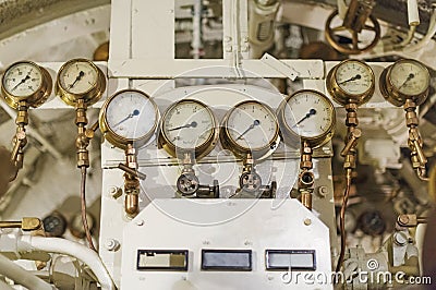Manometers inside of submarine. Stock Photo
