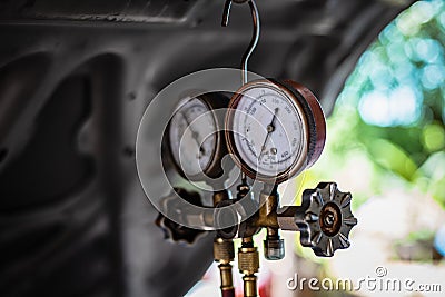 Manometers measuring equipment for filling air conditioners car,gauges Stock Photo