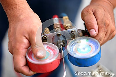 Manometers measuring equipment for filling air conditioners,gauges. Stock Photo