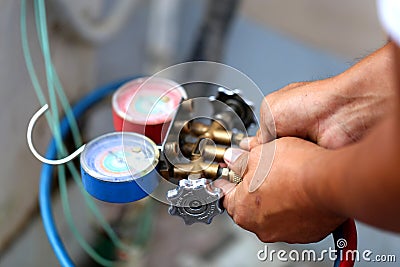 Manometers measuring equipment for filling air conditioners,gauges. Stock Photo