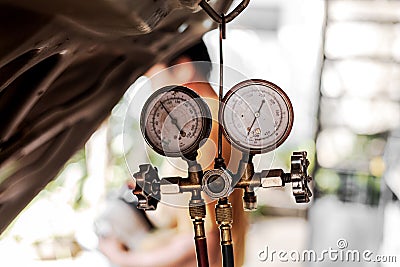 Manometers measuring equipment for filling air conditioners,gauges Stock Photo