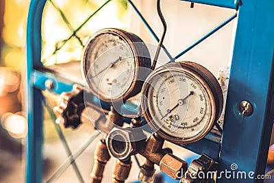 Manometers measuring equipment for filling air conditioners,gauges Stock Photo