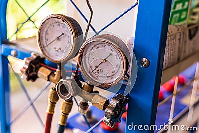 Manometers measuring equipment for filling air conditioners,gauges Stock Photo