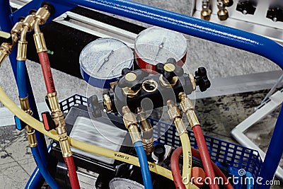 Manometric manifold. The hoses are connected to pressure gauges Stock Photo