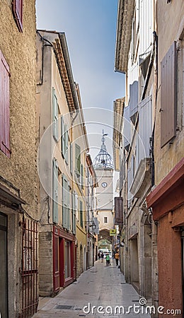 Very narrow street in Manosque. Alpes de Haute Provence, France Editorial Stock Photo