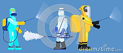 Mans edical scientists in chemical protection suit disinfects spray to cleaning and disinfect virus Covid-19 Vector Illustration