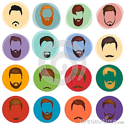 Mans hair set of beards and mustaches vector. Hipster style fashion beards and hair isolated illustration. Vector Illustration