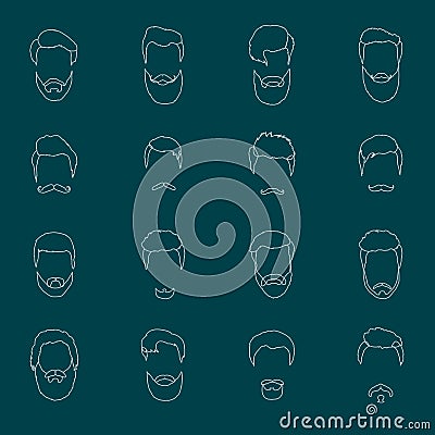 Mans hair set of beards and mustaches vector line. Hipster style fashion beards and hair illustration outline Vector Illustration