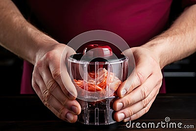 mans hand holding a pomegranate half, ready to squeeze in a juicer Stock Photo