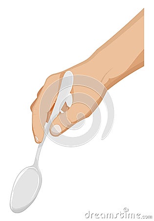 Mans hand holds a spoon. Chef prepares festive dinner. Realistic gestures, cooking and drinks. Cartoon vector on white background Vector Illustration