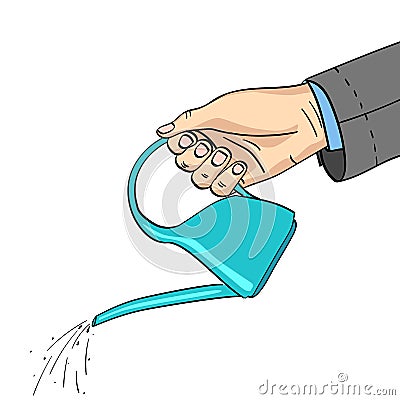 A mans hand watered with a watering can. A jacket, part of a man, a background point. Object on white background raster Cartoon Illustration