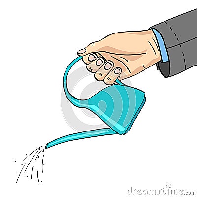 A mans hand watered with a watering can. A jacket, part of a man, a background point. Object on white background vector Vector Illustration